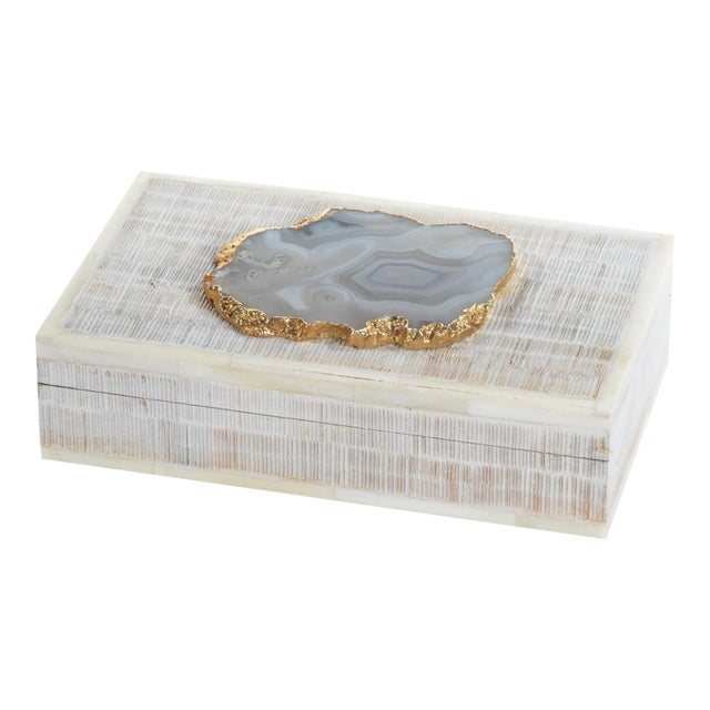 Chiseled Mango Wood & Bone Decorative Box with Agate Stone For Sale