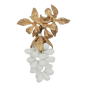 Vintage 1960s Signed Napier Goldtone White Beaded Grape Cluster Brooch