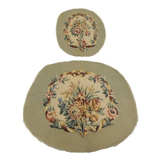 Vintage Green and Blue Floral Aubusson Tapestry Chair Back and Seat Covers - Set of 2 For Sale