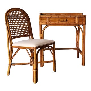 French Riviera Style Rattan Vanity Desk With Chair For Sale