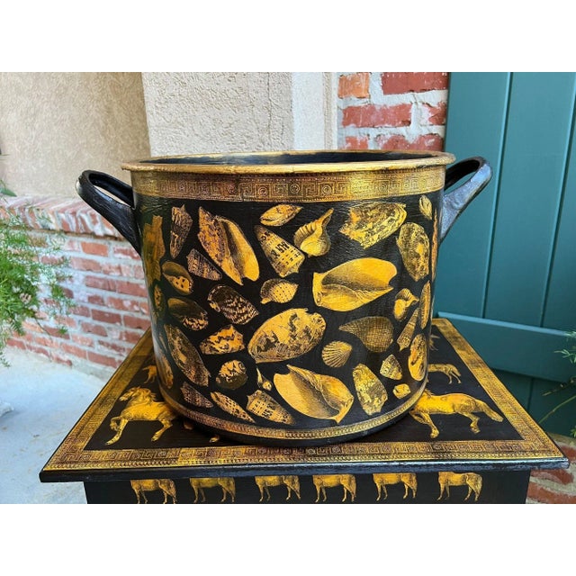 Large Antique English Planter Cachepot Black Metal Lacquer Shell Decoupage C1890 For Sale - Image 15 of 18