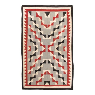 Antique Navajo Carpet, Folk Rug, Handmade Wool, Beige, Gray, Blood Orange For Sale