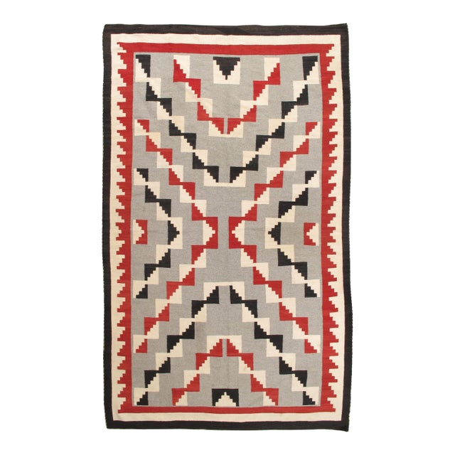 Antique Navajo Carpet, Folk Rug, Handmade Wool, Beige, Gray, Blood Orange For Sale