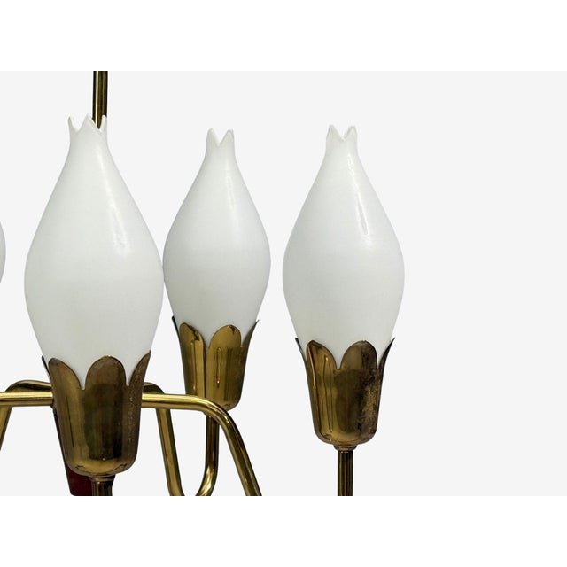 Gemstone Fog & Mørup, Tulip Chandelier, Opal Glass, Brass, Teak, Denmark, 1960s For Sale - Image 7 of 10