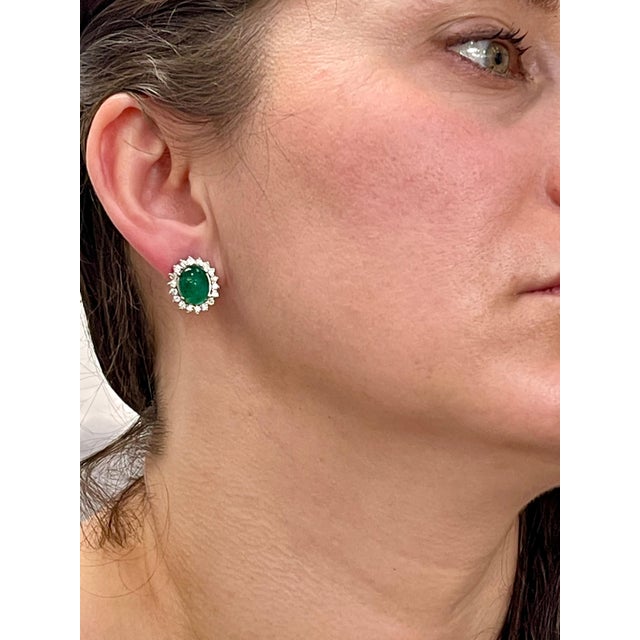 12 Ct Natural Emerald Zambia Cabochon & Diamond Stud Earring 14 Karat White Gold For Sale - Image 10 of 18