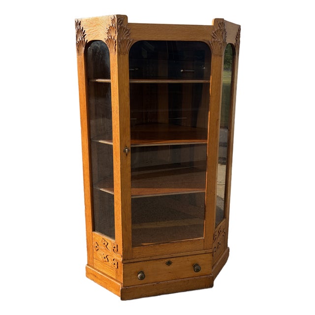 Antique Circa 1900 Golden Oak and Glass Corner China Cabinet For Sale