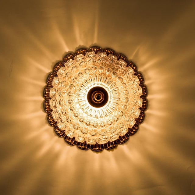 Metal Mid-Century Round Ceiling or Wall Lamp in Textured Glass with Gilt Rim from Limburg, Germany, 1970s For Sale - Image 7 of 9