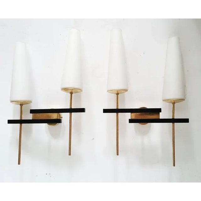 Maison Arlus Pair of Sconces Brass, Steel & Blown Opaline Shades France 1955 For Sale In Miami - Image 6 of 11