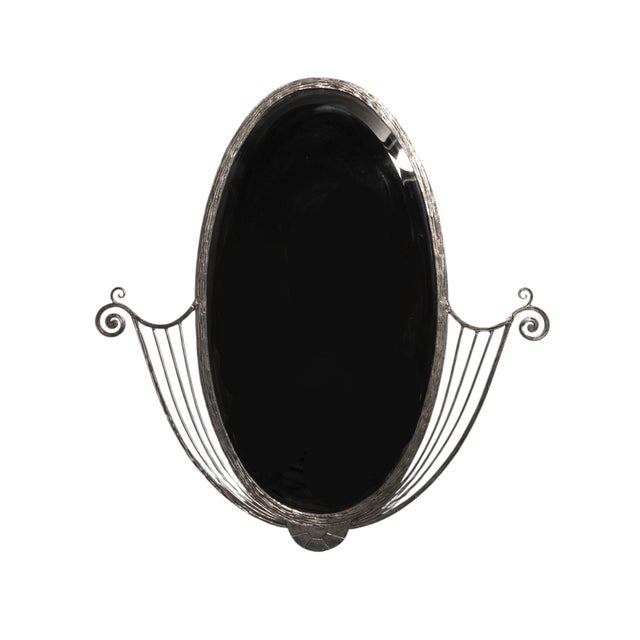 French Art Deco Hand Wrought Nickeled Iron Oval Mirror W/ Linear & Scroll Detail For Sale - Image 13 of 16
