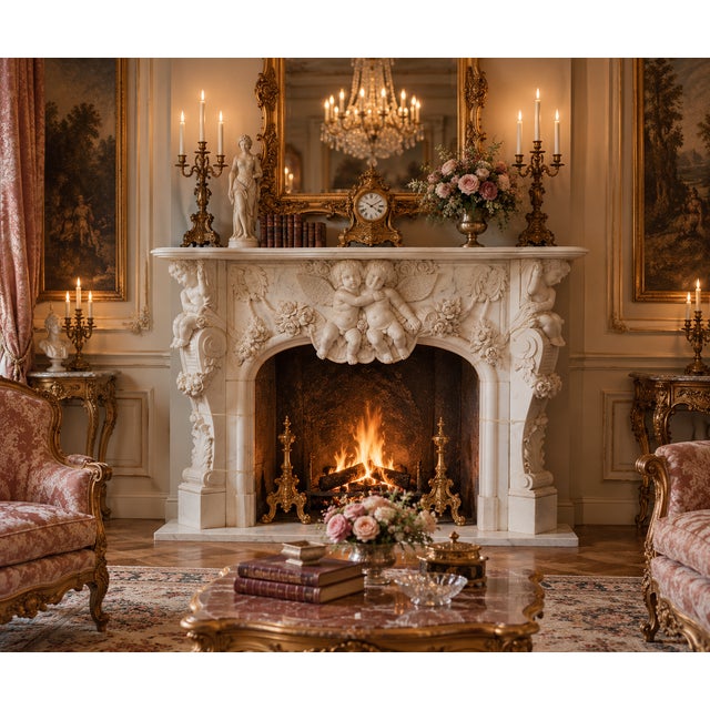 1930s Baroque Fireplace in White Carrara Marble, 1930s For Sale - Image 5 of 5