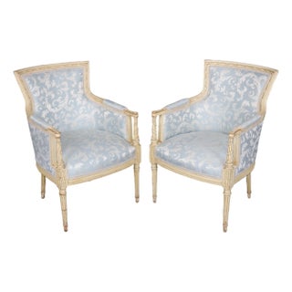Pair French Louis XV Style Blue Upholstered Bergères Chairs Attr to Jansen For Sale