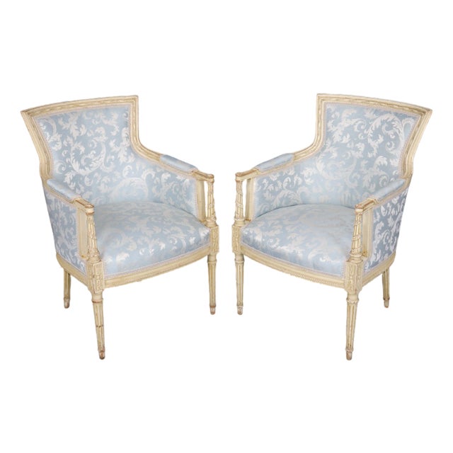 Pair French Louis XV Style Blue Upholstered Bergères Chairs Attr to Jansen For Sale