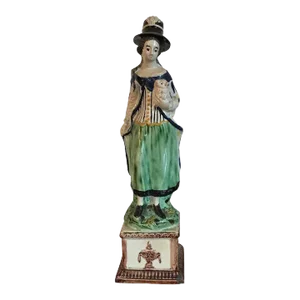 Large Antique 18th Century George III Staffordshire Pearlware Figure of a Lady Shepherdess Wearing a Gainsborough Top Hat and Carrying a Sheep 1790