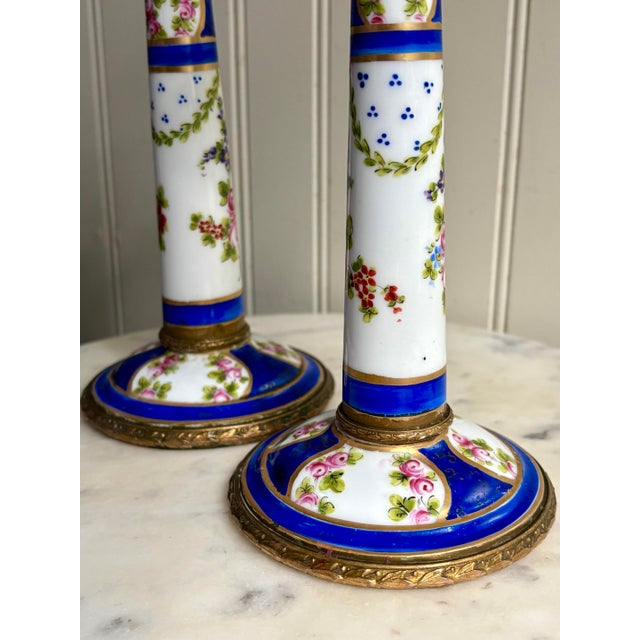 Victorian Antique Sèvres-Style Porcelain & Bronze Hand-Painted Candlesticks Pair Lp Paris For Sale - Image 3 of 12
