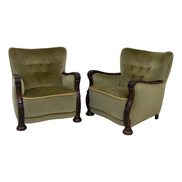 Danish Art Deco Green Velvet Lounge Chairs, 1930s, Set of 2 For Sale