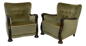 Danish Art Deco Green Velvet Lounge Chairs, 1930s, Set of 2