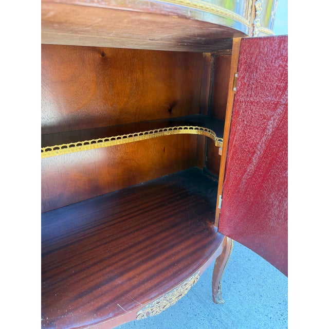 Vintage Louis XV Style Marquetry Bombe Cabinet With Marble Top For Sale - Image 10 of 11