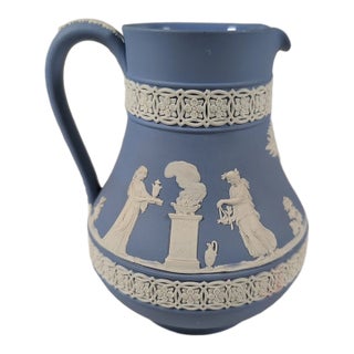 Vintage MCM Wedgwood Jasperware Light Blue & Cream 6" Tall Pitcher Jug For Sale