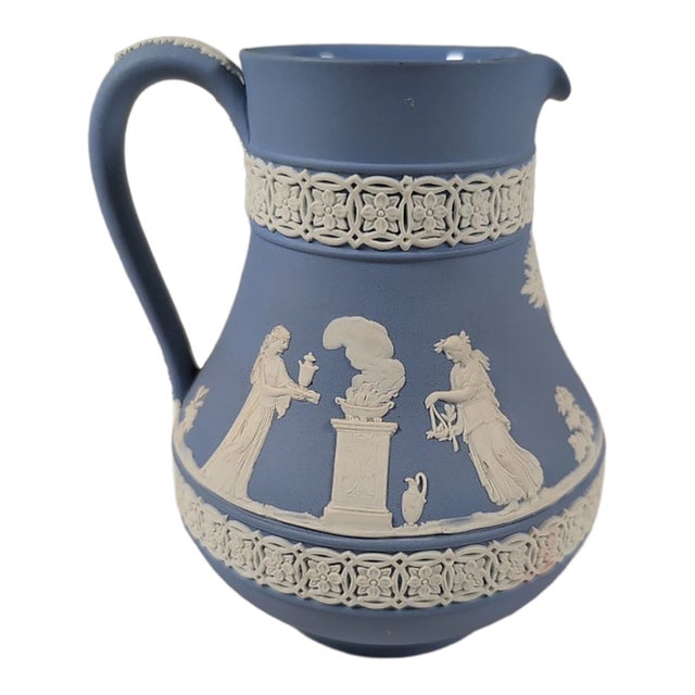 Vintage MCM Wedgwood Jasperware Light Blue & Cream 6" Tall Pitcher Jug For Sale