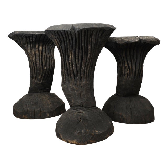 Sculptural Side Tables in Burnt Wood, 1980s, Set of 3 For Sale