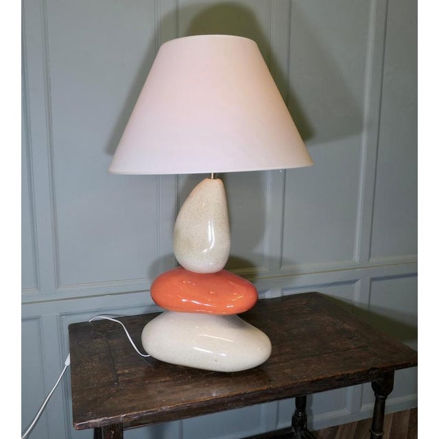Large Francois Chatain Pebble Lamp from France A Charming piece in Oatmeal and Orange /Red with a Coolie Lampshade All...