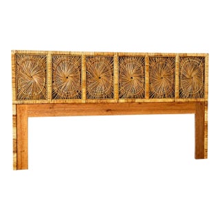 Vintage Boho Coastal King-Size Sunburst Rattan Headboard For Sale
