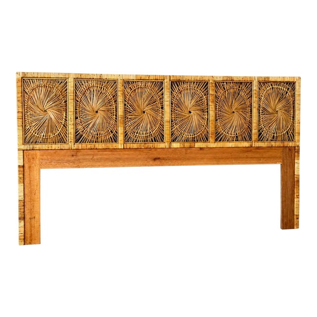 Vintage Boho Coastal King-Size Sunburst Rattan Headboard For Sale