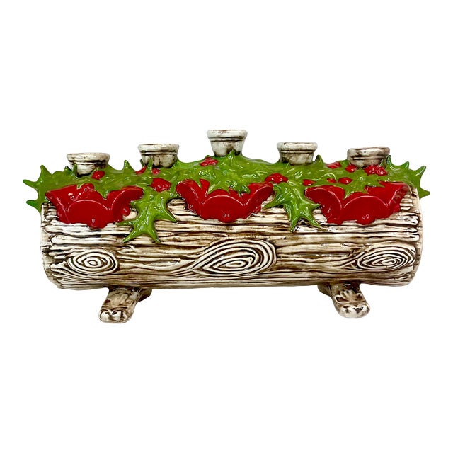 1950s Americana Folk Art Boho Christmas Yule Log Candle Holder For Sale