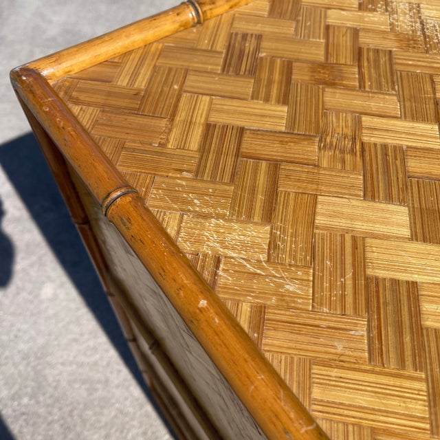 Tan Mid-Century Campaign Style Parquet Woven Bamboo Dresser Chest Drawers For Sale - Image 8 of 10