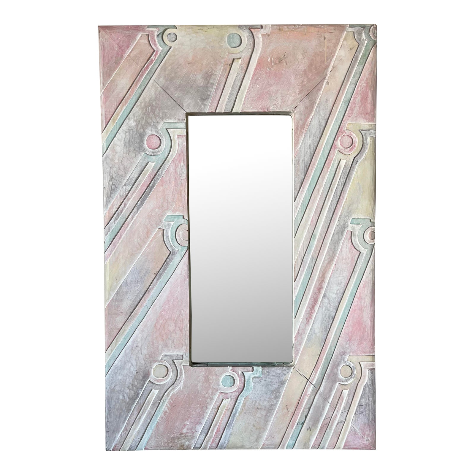 80's Postmodern Hand Carved Wood Geometric Pattern Wall Mirror Chairish