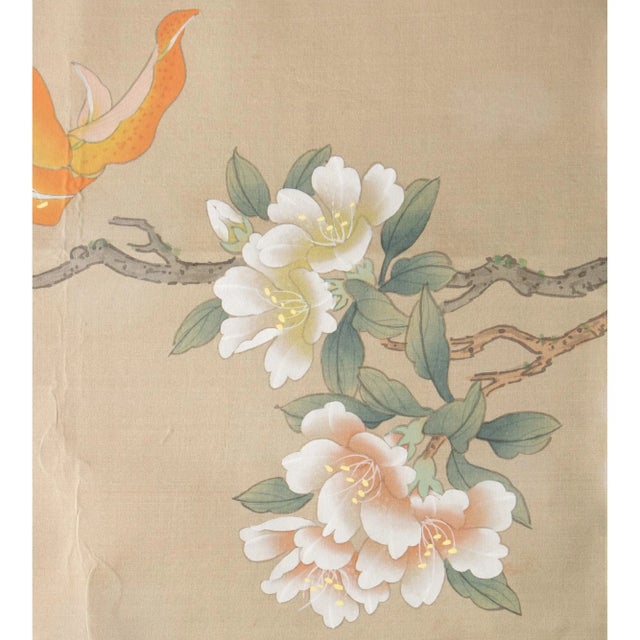Khaki Post-1940 Showa Japanese Silk Scroll "Rosefinch and Camellias" For Sale - Image 8 of 12