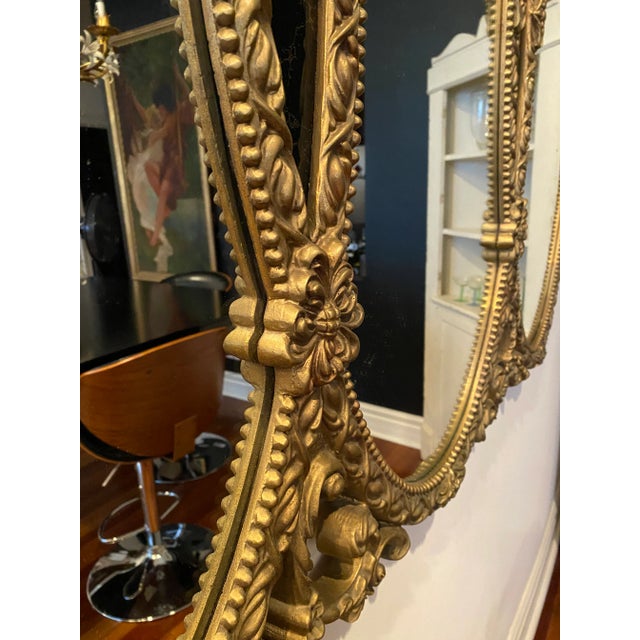 Vintage Mid Century Hollywood Regency Rococo Triple Ring Gilded Wood Mirror For Sale - Image 4 of 7
