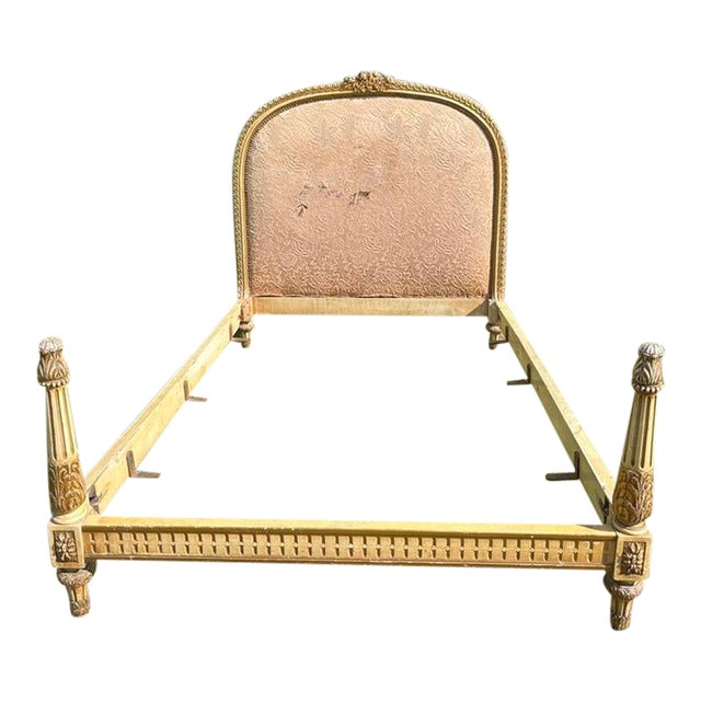 Antique French Carved Wood and Upholstered Headboard and Bed Frame For Sale