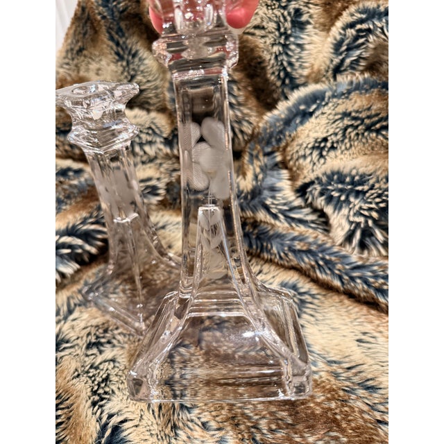 Vintage Clear Candlesticks With Etched Flowers - A Pair For Sale - Image 11 of 11