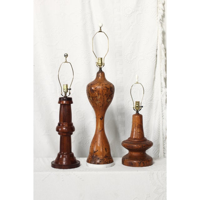 Brown 1940s Tall Parquetry Table Lamp Handmade Turned Wood For Sale - Image 8 of 15