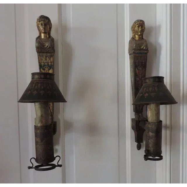 Pair antique 18th c. French Empire parcel gilt tole peinte wall appliques circa 1800. Each in the form of a Diana figured...