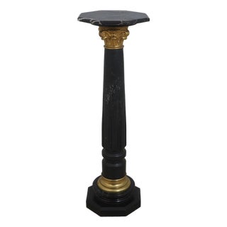Black Marble Column Pedestal W. Bronze Work For Sale