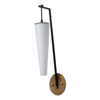 Large Vintage Italian Wall Sconce in Brass with Black Metal and Opaline Glass, 1950s For Sale