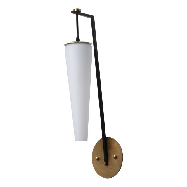 Large Vintage Italian Wall Sconce in Brass with Black Metal and Opaline Glass, 1950s For Sale