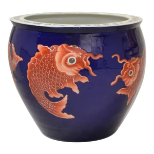 Vintage Marked Chinese Porcelain Floral Planter Blue & White Golden Koi Fish