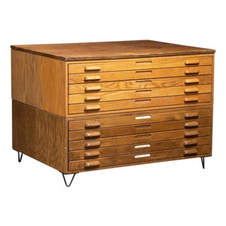 Antique Double Stack Wooden Flat File Cabinet With Hairpin Legs For Sale