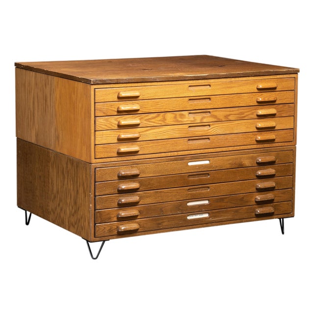 Antique Double Stack Wooden Flat File Cabinet With Hairpin Legs For Sale