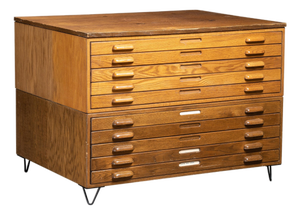Antique Double Stack Wooden Flat File Cabinet With Hairpin Legs