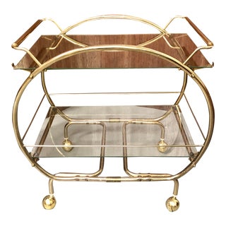 Mid-Century Modern Round Brass Glass Bar Cart For Sale