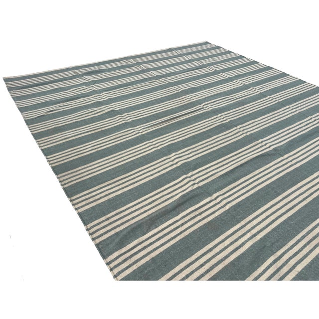 Handmade Woolen Flat Weave Rug, Blueish Grey and White Striped Wool Rug - 8'x10' For Sale - Image 9 of 13