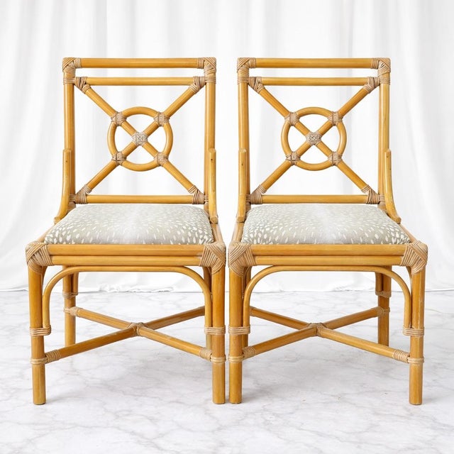 McGuire Late 20th Century Set of 6 French Blonde Rattan Target Dining Chairs in the Manner of McGuire, Newly Upholstered For Sale - Image 4 of 5