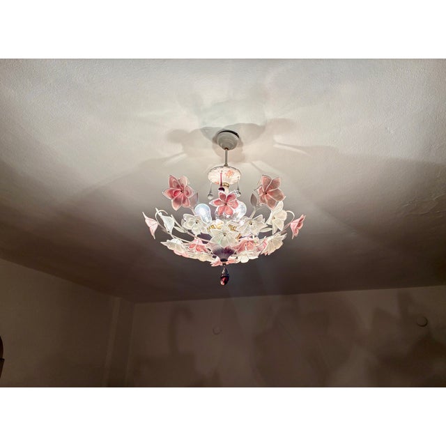 Vintage Murano Style Floral Chandelier – Romantic Pink & White Glass Bouquet Light - Pair For Sale - Image 4 of 18