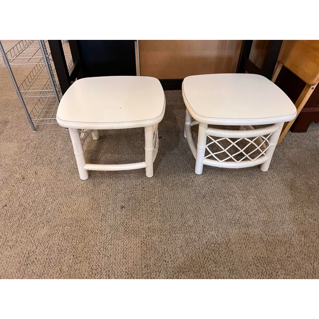 Pair of Vintage Coastal White Rattan Side Tables Square With Round Edges. For Sale - Image 4 of 7