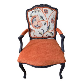 Hand-Painted French Provincial Armchair - Navy Blue & Orange Velvet - Whimsical Floral Reupholstered Accent Chair For Sale