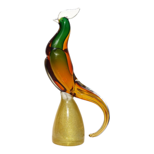 Murano Vintage Sommerso Orange Green Gold Flecks Italian Art Glass Tall Pheasant Bird Figure Sculpture